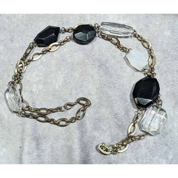 Chunky Black And Clear Gemmed Necklace With Gold Tone Chain - Picture 6 of 6